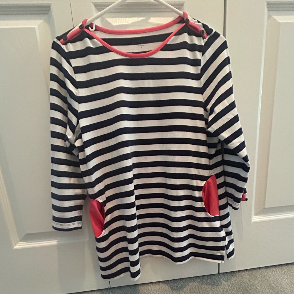 E.L.I. Women’s Striped Navy Blue and White 3/4 Sleeve Top with Pink Accents M